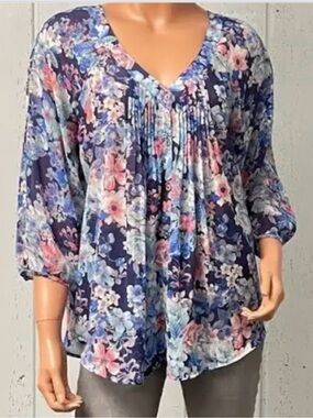LC Lauren Conrad Sheer Floral Navy Blue Women's Top